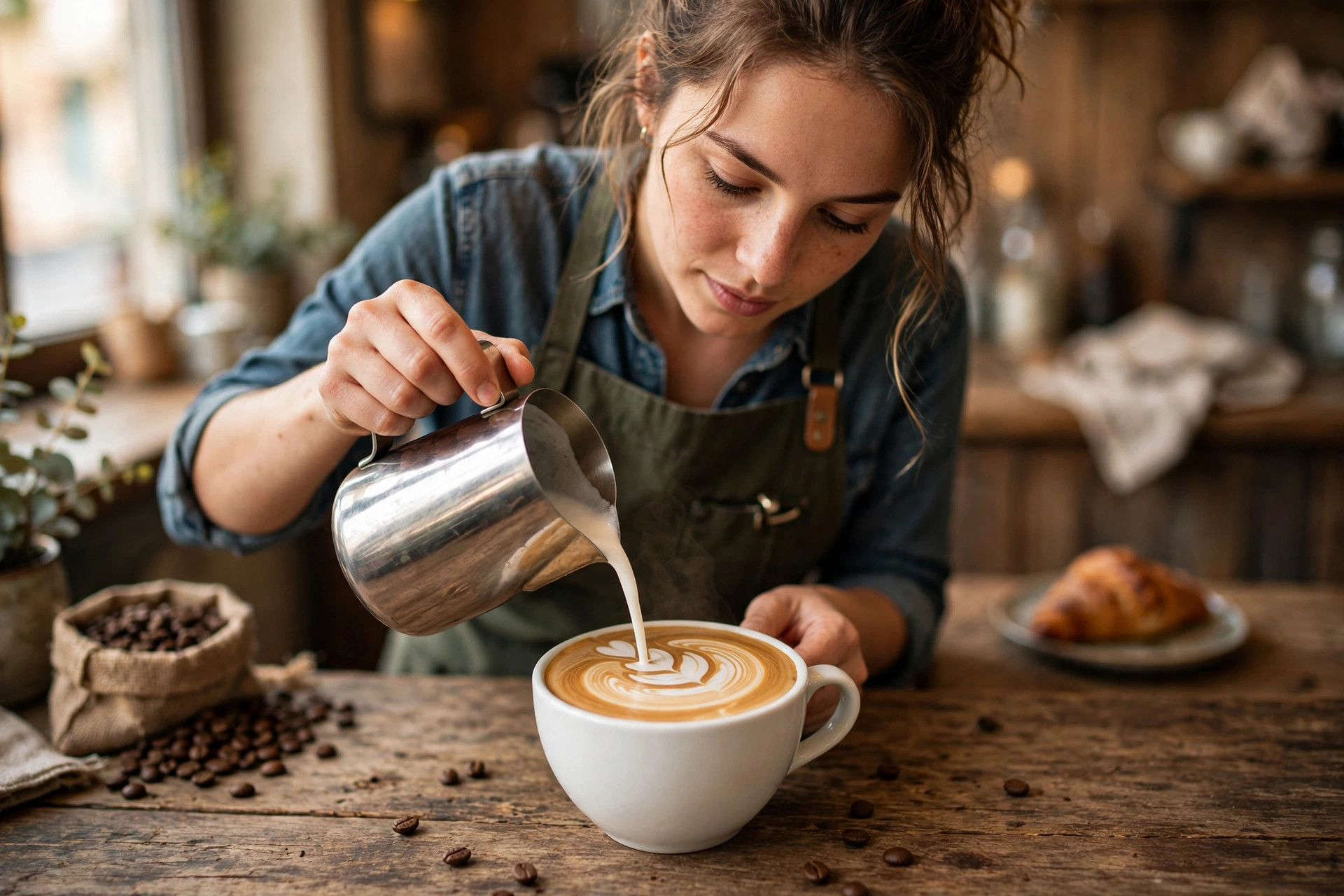 Barista gießt Latte Art in eine Tasse, im Hintergrund Kaffeebohnen