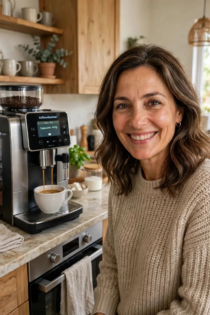 Sandra, Gründerin von Bohnenberater, mit Cappuccino in ihrer Küche